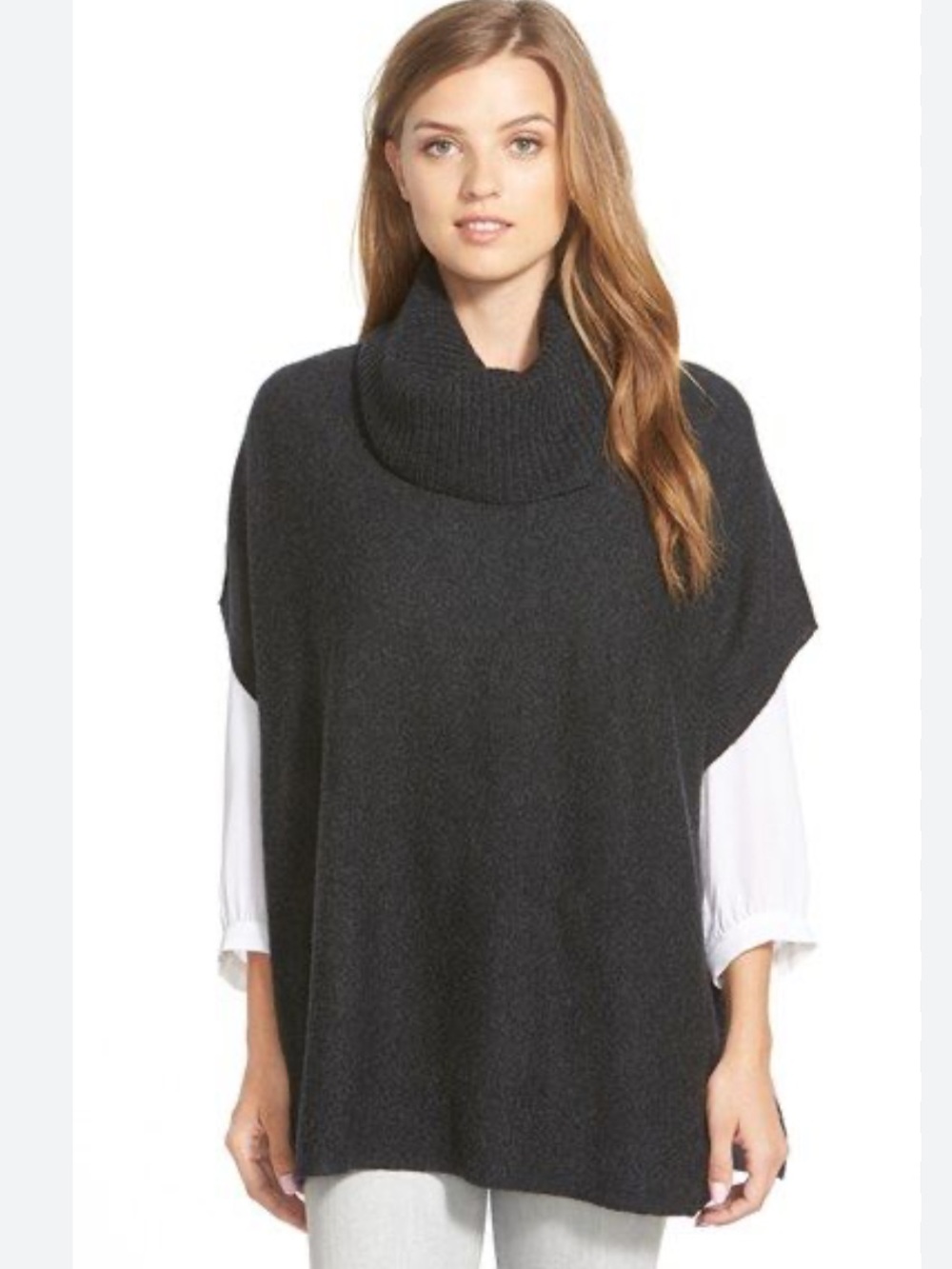 HALOGEN Wool Cashmere Turtleneck Poncho Sweater CharcoalGrey Fall Winter Minimal